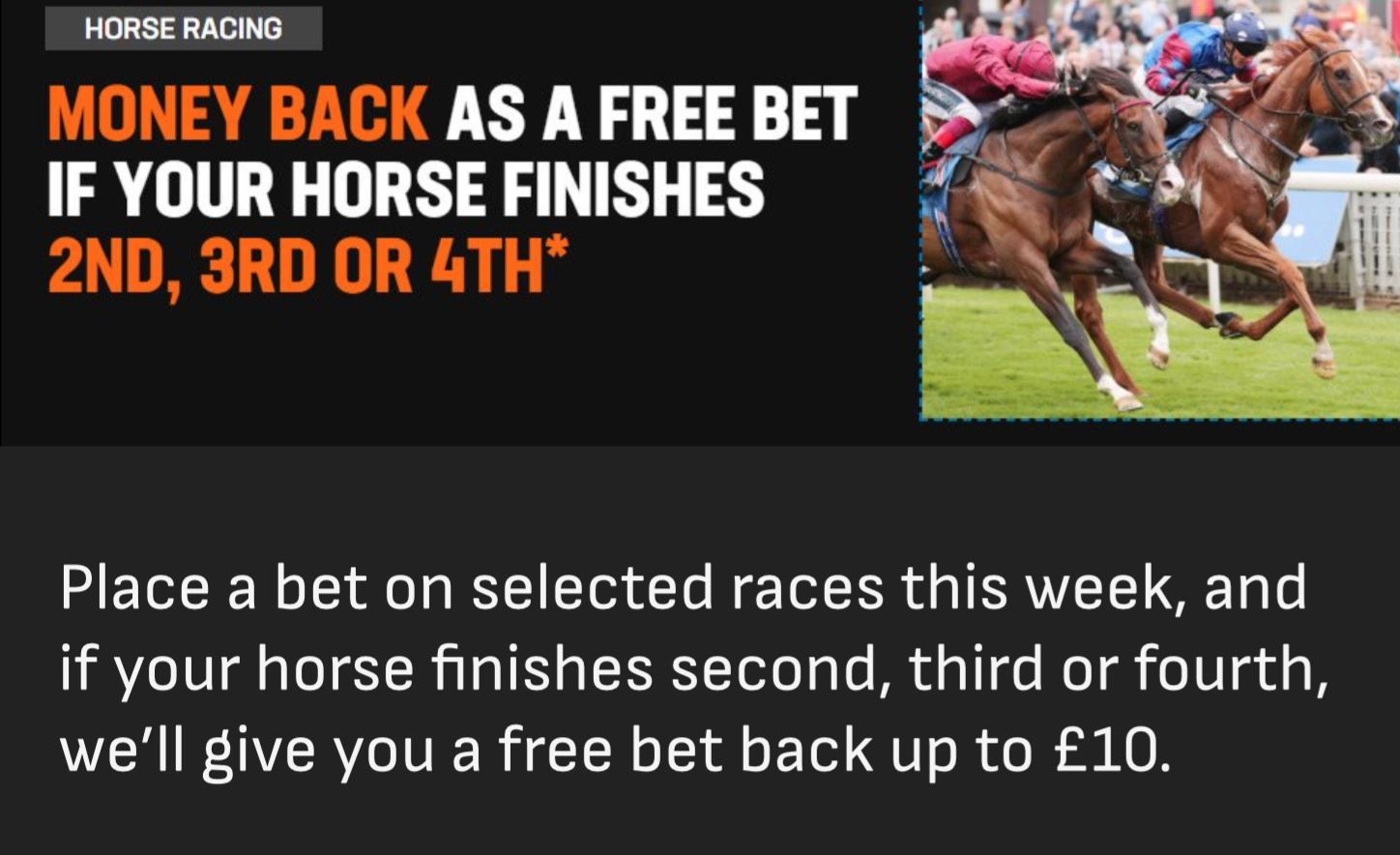 Racing refund offer: money back as a free bet if your horse finishes 2nd, 3rd or 4th